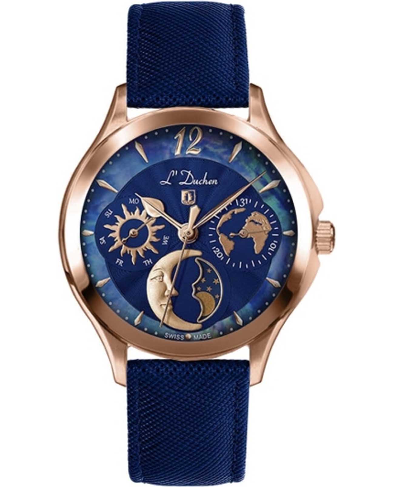 L'Duchen L'Duchen Celeste D 857.43.37  D 857.43.37 кварцевые женские часы синий циферблат, браслет кожаный — вид спереди